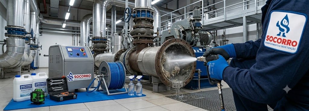 Profissional realizando Desentupimento, Hidrojateamento e Manutenção Preventiva Industrial em Biguaçu