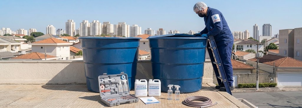 Profissional realizando Imunização e Desinfecção Bacteriológica de Caixas D'água em Biguaçu